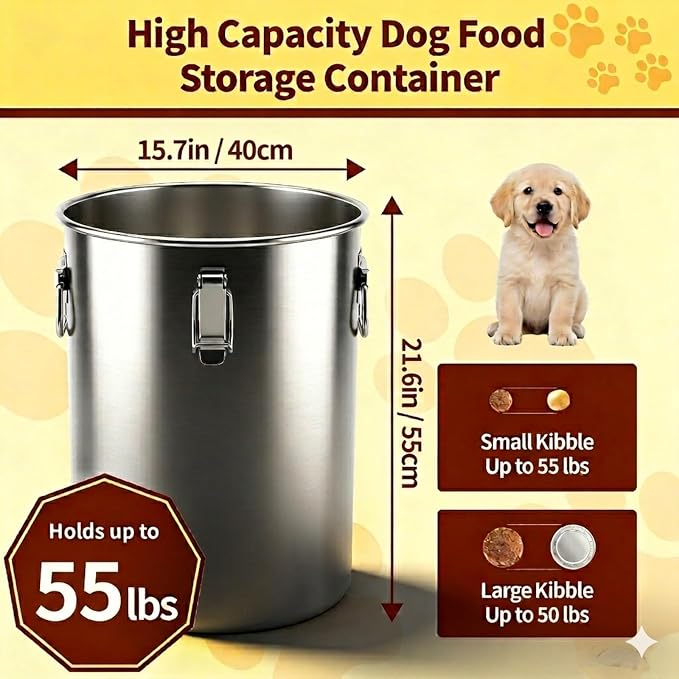 304 Stainless Steel Dog Food Storage Container, 50LB/55LB Airtight Pet Food Container with Locking Lid & Silicone Seal, Large Metal Food Storage Bin for Dry Dog/Cat Food, Rice, Flour (50 LBS)