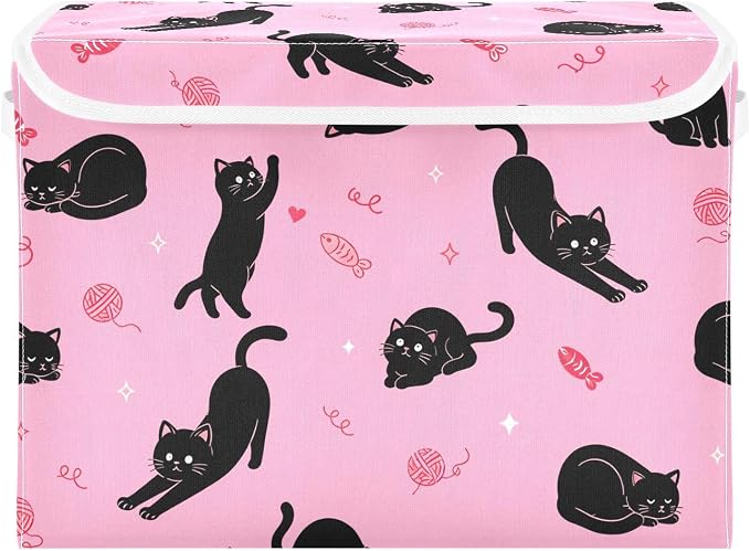 Cute Black Cat Storage Bin Foldable Collapsible Fabric with Lid Handles 40L | Decorative Storage Boxes, 300D Oxford Cloth, Hollow Board Frame, Flip Top Velcro Lid, 16.5x12.6x11.8 inch, Collapsible Design