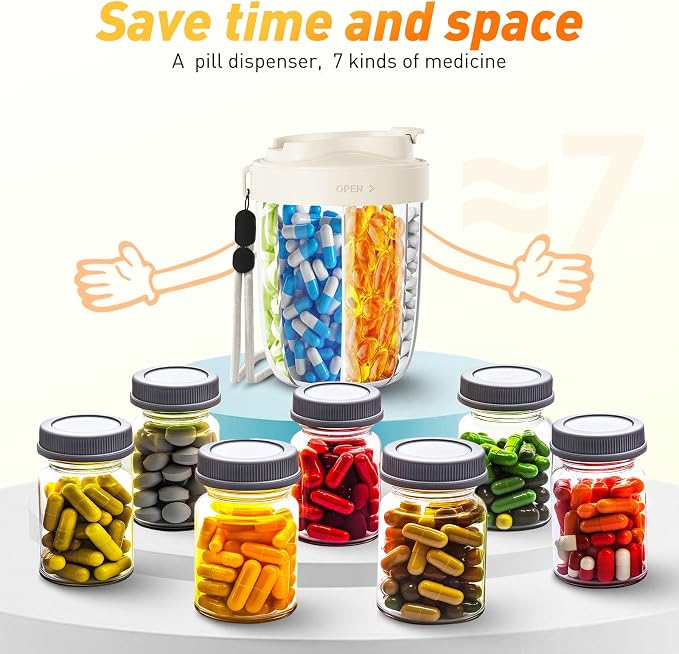 Pill Dispenser with 7 Large Compartments - Portable Pill Organizer for Travel, Anti-Mix Design & Wide Opening Design, Easy Access to Vitamin Dispenser, Includes 20 Blank Stickers (White)
