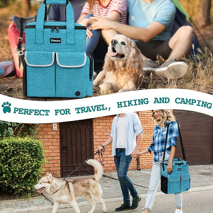 PetAmi Dog Travel Bag Pet Supplies Accessories Organizer for Traveling, Camping, Weekend; Cat Pet Travel Bag Kit Includes 2 Food Storage Containers, 2 Collapsible Bowls, 1 Feeding Mat (Teal Blue)