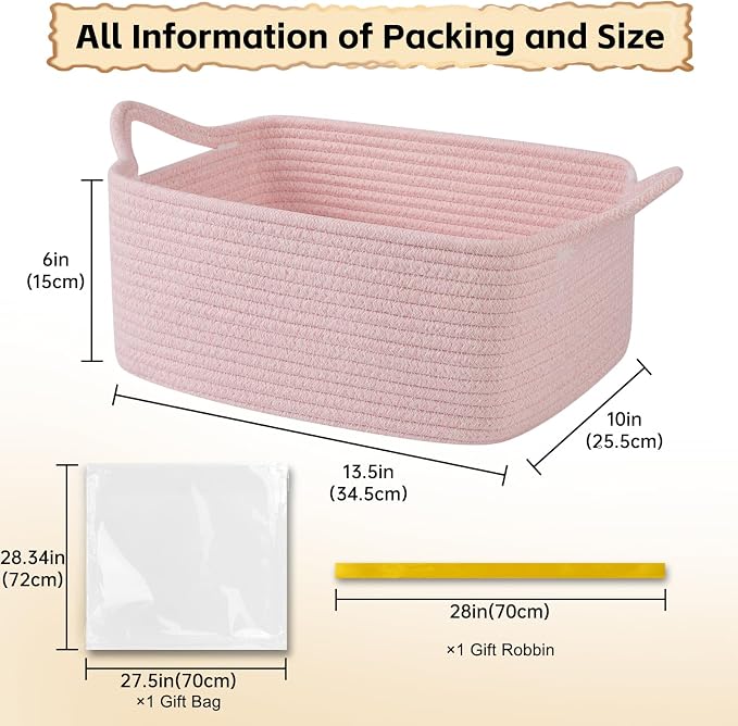 OIAHOMY Woven Basket, Gift Basket Empty with Gift Bags and Ribbons, Rope Baskets for Baby Showers, Storage Baskets with Handles for Nursery, Pet Toy Organizer - Mixed Pink