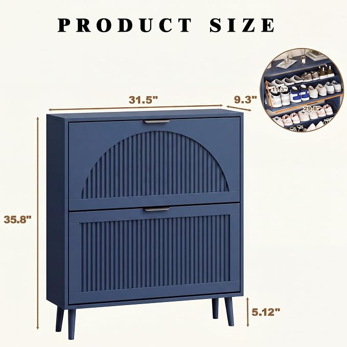 Shoe Storage Cabinet with 2 Flip Drawers, Narrow Wood Shoe Organizer Cabinet with Fluted Panel, Slim Shoe Rack for Entryway, Freestanding Shoe Cabinet for Living Room, Hallway, Blue