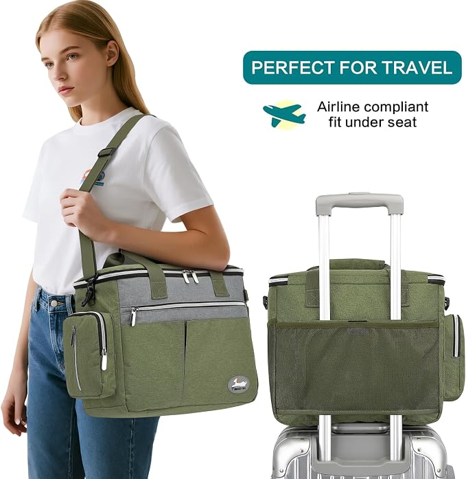 Dog Travel Bag for Pet Kit for Supplies with 2 Food Storage Containers 2 Collapsible Bowls 1 Feeding Mat 1 Dog Treat Pouch 7-Piece Set Perfect Road Trips Camping Weekend (Olive Green)