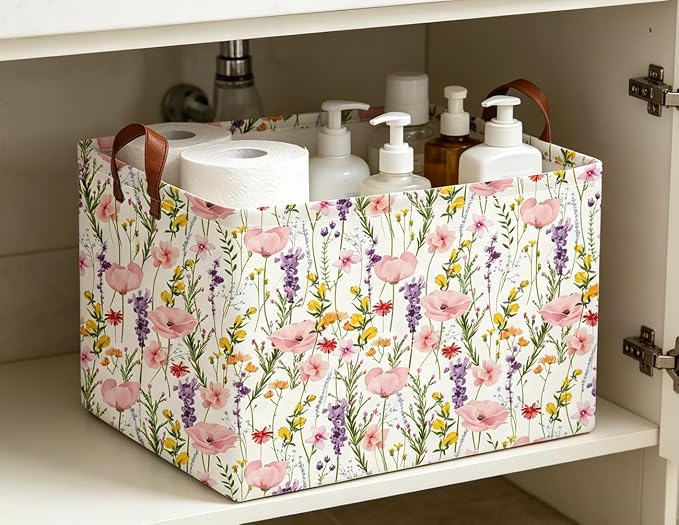 Rectangle Storage Basket with Handles,Collapsible Storage Bin,Books Box,Gift Basket(Flowering Shrubs)