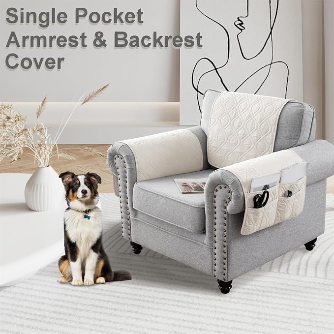 Waterproof Armrest Chair Covers with 6 Side Pocket 1 2 3 Seater Anti-Slip Chair Headrest Cover Armchair Slipcover Washable Protector for Pets Leather Sofa Couch (Ivory White,1 Seater 3PCS)