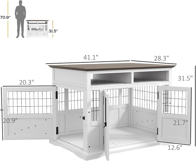 PawHut Dog Crate Furniture Side End Table with Storage, 41" Modern Wooden Dog Kennel Furniture with Double Doors for Small and Medium Dogs, White | Wooden Dog Kennel Furniture, Double Doors, for Small and Medium Dogs