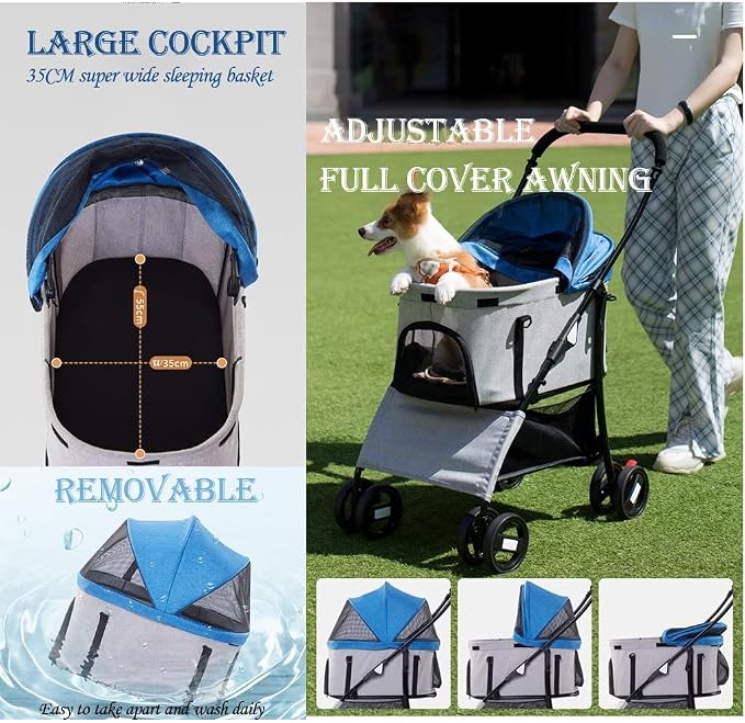 Pet Stroller Dog Stroller Foldable 3-in-1 Travel Cat Carriers & Strollers 4 Wheels Puppy Stroller with Storage Basket Portable Dog Stroller (Color : Pink)