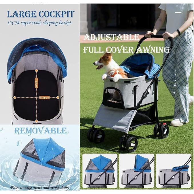 Pet Stroller Dog Stroller Foldable 3-in-1 Travel Cat Carriers & Strollers 4 Wheels Puppy Stroller with Storage Basket Portable Dog Stroller (Color : Blue)