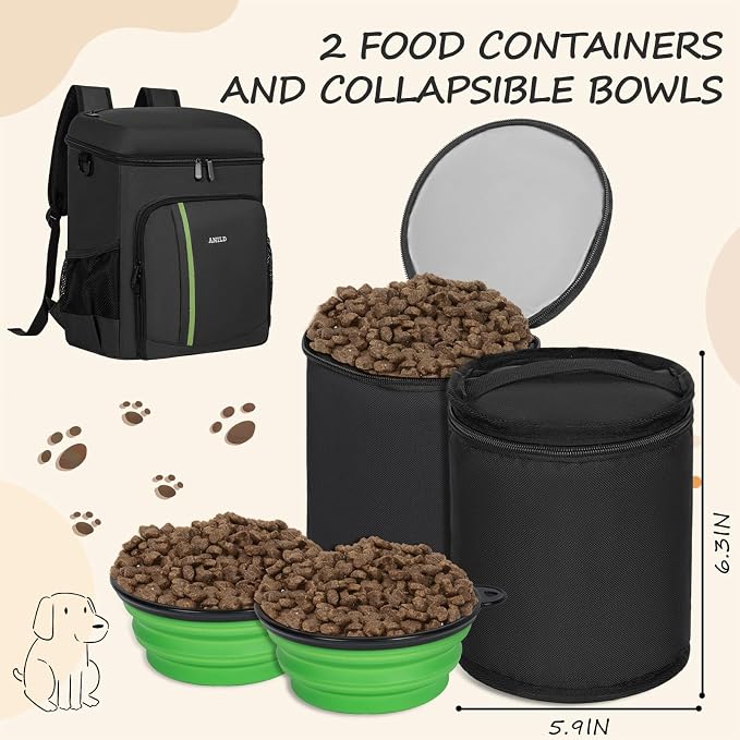 ANILD Dog Travel Bag Backpack, Flight-Ready TSA-Approved Dog Travel Bag with 2 Leak-Proof Food Canisters, 2 Foldable Silicone Bowls, Multi-Compartment Organizer for Hiking, Camping, Dog Mom Essentials