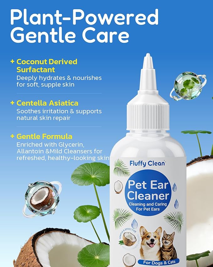 Dog Ear Cleaner - Pet Ear Wash, Flush and Drop Cleaner Solution for Cat & Dog Infection and Itch Relief, Gently Removes Debris, Wax Buildup, Odor - 1.69 fl oz