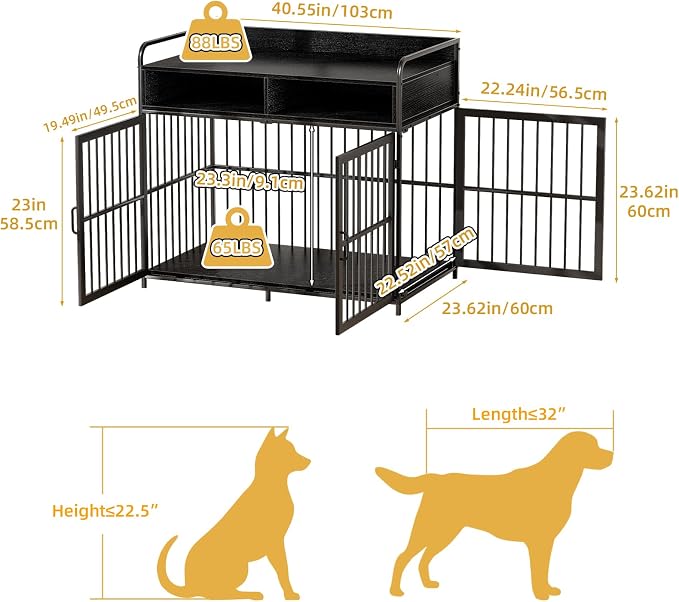 Large Furniture Dog Crate, Dog Kennel Indoor, Wood Dog Cage Table with Drawers Storage, Heavy Duty Dog Crate, Jaula para Perros, Sturdy Metal, 40.5" L×23.6" W×35.4" H, Black