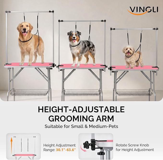 VINGLI Dog Grooming Table, Adjustable Cat Grooming Desktop with Arms and Storage Basket, Pet Grooming Stand at Home (Pink, 36 inch)