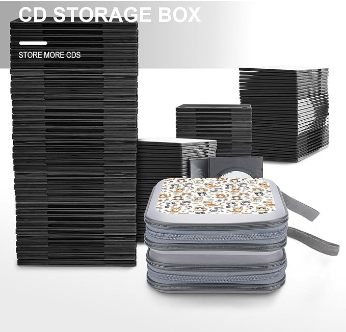 Hard Shell DVD CD Organizer Kawaii Cat Kitten, 40-Disc Storage Binder with Zipper Closure, Portable Protective Case for Travel Home
