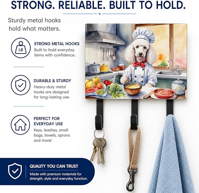 Caroline's Treasures White Poodle The Chef Leash or Key Holder Wall Hooks, Key Hooks Holder, Coat Rack Wall Mount, Coat Hooks, Hooks for Hanging Keys, Towels, Aprons, Leashes | White Poodle The Chef artwork on ceramic tile with three steel hooks for ke...