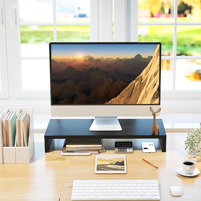 TEAMIX 20 Inch Monitor Stand Riser for Desk, Wood Computer Stand, Black | Fits Laptop, Printer, TV, PC Tower, Full Keyboard Storage Underneath, Ergonomic, Desk Organizer for Home Office, Gaming Setup