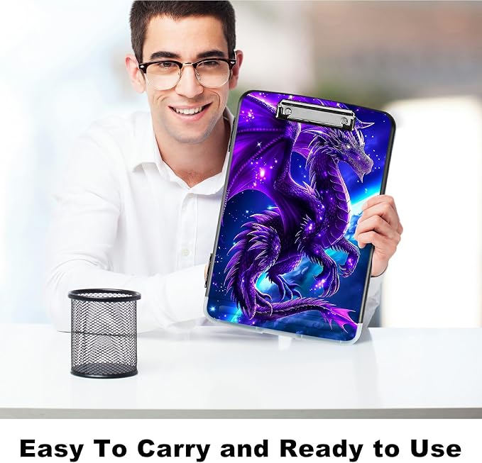 Purple Planet Dragon A4 Clipboard with Storage Pen Holder, Clipboards Organizer Nursing Clipboard Foldable File Folder Plastic Clipboard Folio Clip Board for Office Students Classroom