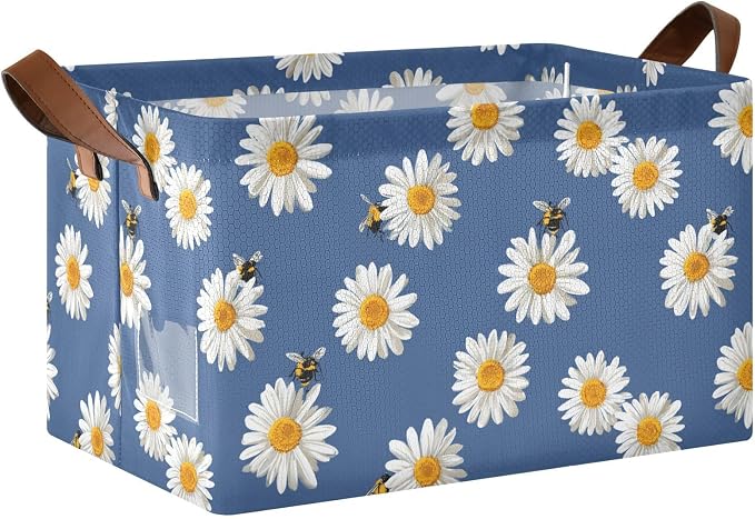 Daisy and Honey Bee Flower Blue Storage Basket Foldable Cube Storage Bins with Handles&Label Waterproof Collapsible Organizer Box Bin Large Rectangle Decorative Baskets for Shelves Home Room Laundry