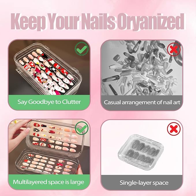 Large Tri-Fold Press On Nail Organizer Case - 4-Page Portable Storage Box for Fake Nails, Clear PET Plastic Travel Holder (6×3.2×1.8 inch) Texture 2Pcs