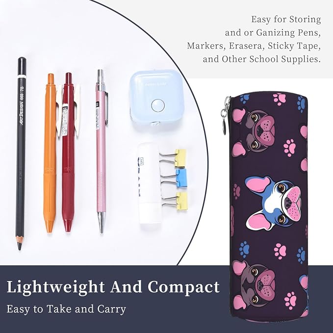 OSAM SPACE Leather Pencil Case Round Pencil Bag Cute French Bulldog Pen Organizer Holder Portable Zipper Pouch Cute School Supplies for Girls Boys Study Office