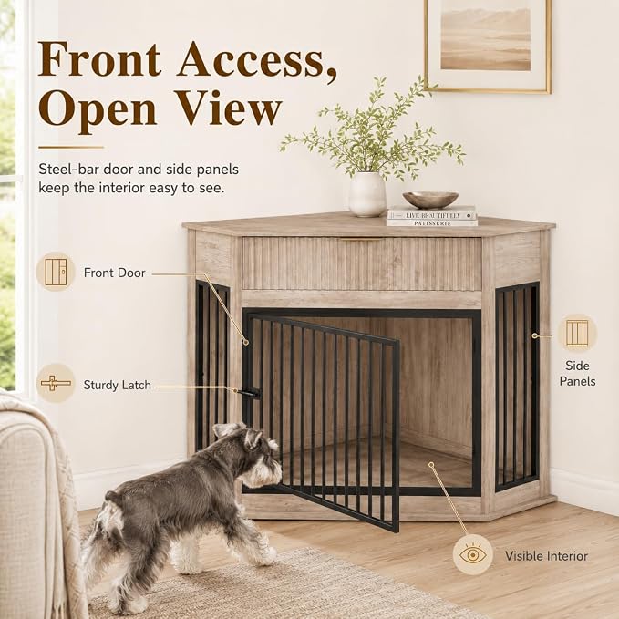 Corner Dog Crate Furniture with Fluted Drawer | MDF & Steel, Medium Dogs 26-40 lbs, Modern decorative pet house