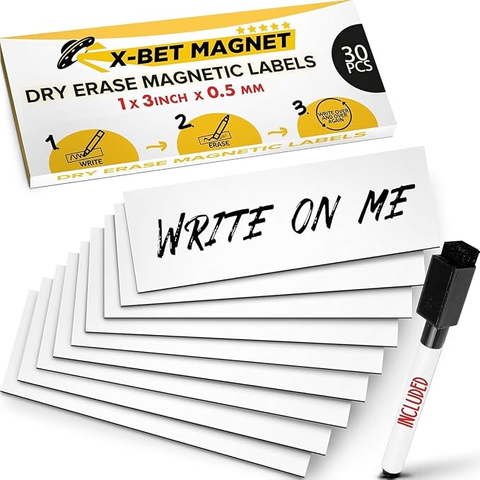 X-bet MAGNET Dry Erase Magnetic Labels, 1x3 (2.5x7.5cm), 30 pcs, White | Reusable Write-On Magnet Stickers for Fridge, Whiteboard & Classroom, Erasable Blank Labels & Sticky Notes