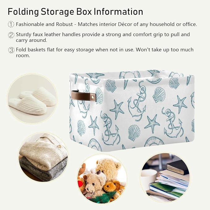 Coastal Anchor Nautical Theme Storage?Basket?Fabric?Laundry?Baskets Starfish Summer Beach Storage?Boxes?Organizer?Bag?for?Baby?Cloth?Dog?Toy?Book?Storage?Cubes?Shelf?Closet?Bins?16¡Á12¡Á8?Inches