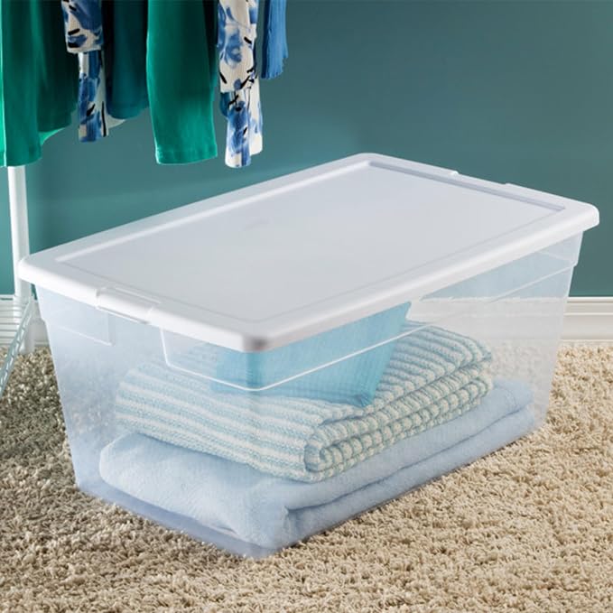 Sterilite Storage Box, Stackable Clear Plastic Bins, 90 Quart, 12-Pack | Heavy-Duty Organizing Containers with Snap-On Lids for Closet, Bathroom, and Office