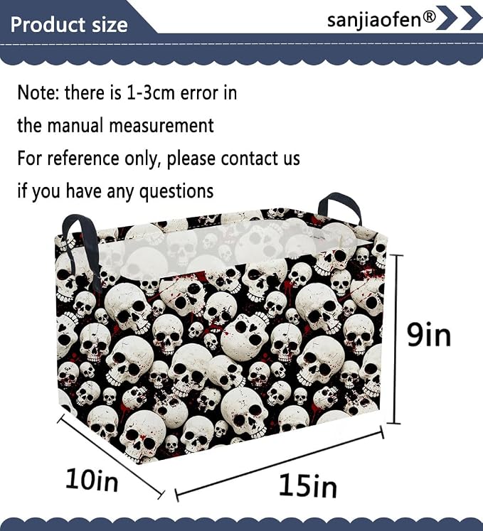 Sanjiaofeng Rectangular Gothic Skull Halloween Storage Basket,Empty Halloween Basket.Cute Baskets for Room Decor, Pumpkin Baskets with Handles.Books Bins,Gifts Box(Skull)