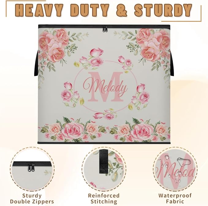 Custom Name Comforter Storage Bin with Lid, Personalized Initial Letter XL Storage Basket with Handles Zippers for Organizing Blankets, Bedding Closet Shelf Baskets, Pink Rose Floral