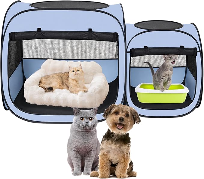 2-in-1 Portable Cat Playpen(Front Doors), Pop up Kitten Playpen, Assembly-Free, Pet Tent Crates Kennel Cage Enclosure for Dog Puppy Indoor Outdoor(No Divider, Unified Space)