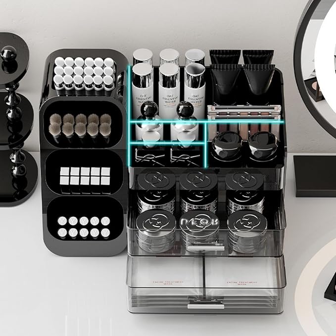 Makeup Organizer with Drawers, Large Capacity Countertop Organizers for Vanity,Bathroom and Bedroom Desk Cosmetics Organizer,Easy To Storage Skincare,Brushes,Lotions,Lipstick (Black)