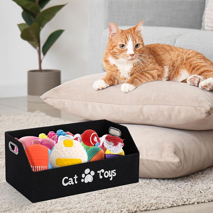 19.7 Inch Cat Toy & Supplies Storage Organizer with Metal Handles | Foldable Fabric Bin Kitten Pet Chest Trapezoid Container for Organizing Cats Clothes Accessories