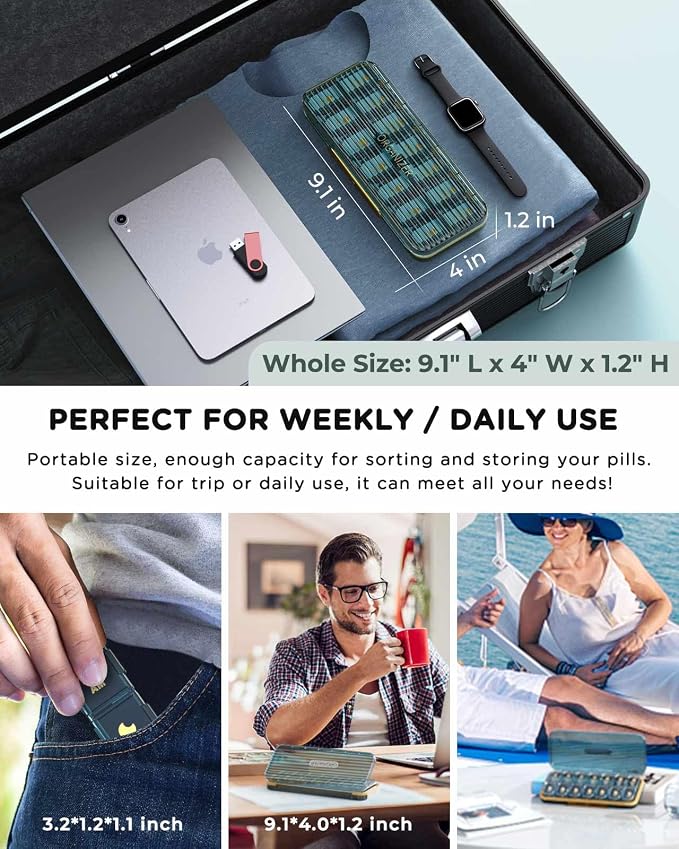 Acedada Am Pm Pill Organizer, Weekly Pill Box 2 Times A Day, Stylish Blue | 7 Day Pill Organizer with 7 Separate Containers, Portable Daily Medicine Dispenser Case for Vitamin, Fish Oils, Supplements