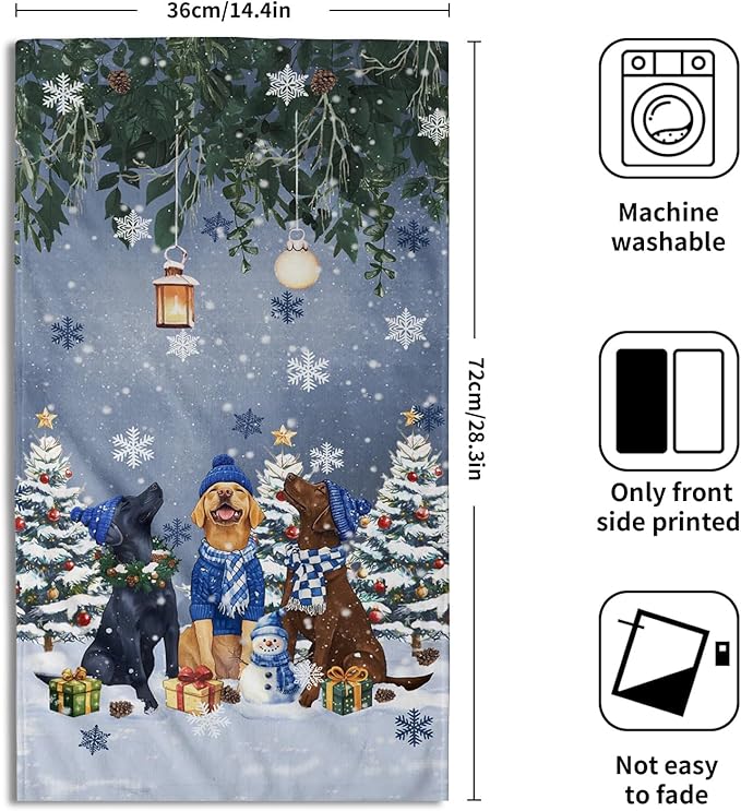 Giwawa Winter Dog Towel Set of 2, Christmas Trees Snowman Presents Funny Puppy Decorative Hand Towels, Xmas Snow Scene Soft Microfiber Face Towel Washcloth for Bathroom Guest Gym Spa Hotel