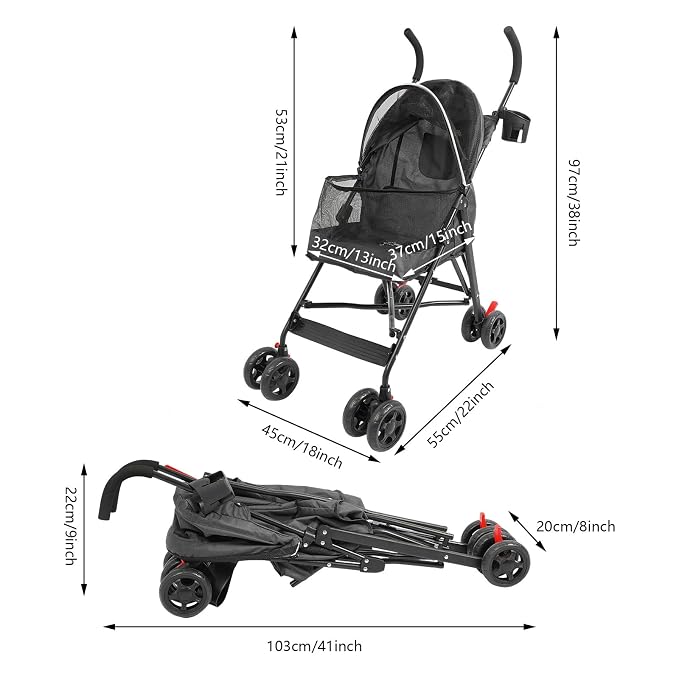 2 Wheels Pet Stroller, Foldable Pet Strolling Cart with Storage Basket and Cup Holder, Puppy Kitty Stroller with Weather Cover, Travel Gear for Medium Small Dogs and Cats Under 22lbs (Black)