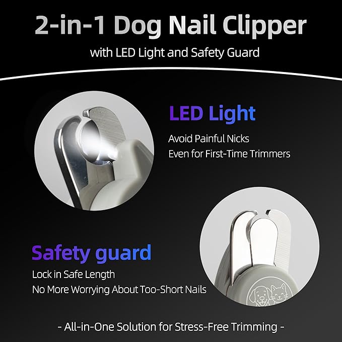 Dog Nail Clippers with LED Light | Illuminates Bloodline for Safe Trimming | 2 in 1 Professional Dog Nail Clipper with Safety Guard & Nail File for Medium to Large Dogs & Cats - Easy Grooming