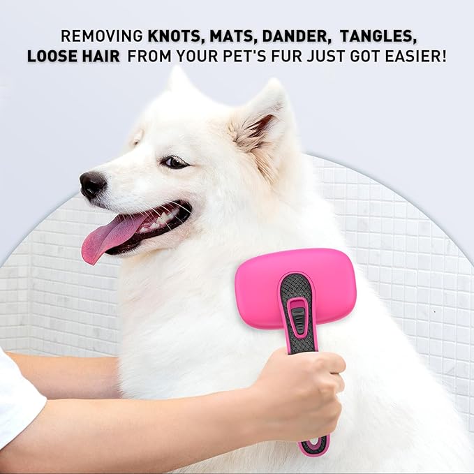 Self Cleaning Slicker Brush for Dog, Cat, Skin Friendly Shedding & Grooming Tool for Long and Short Haired Pets, Easy Clean Retractable Bristles, Pink