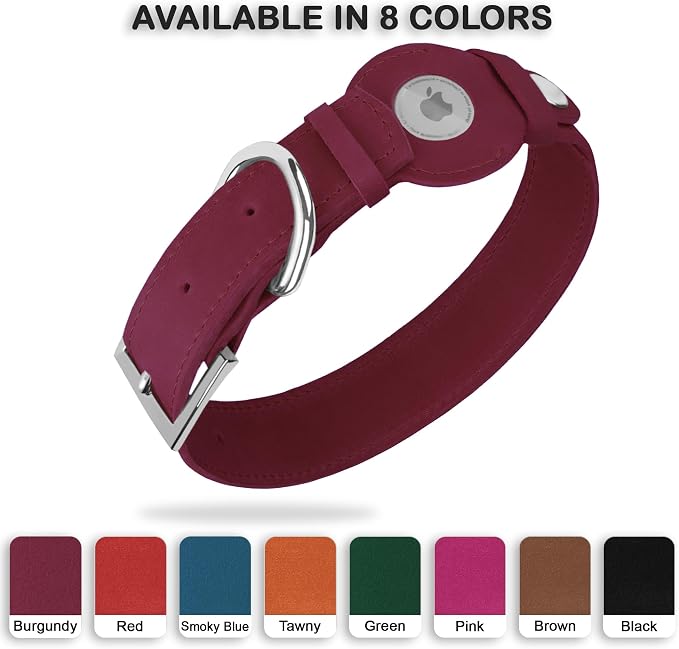 Leather Dog Collar with Airtag Holder - Apple Air Tag Dog Collars - Soft Tracking GPS Pet Collar for Small Medium Large Dogs Breed Puppy (Burgundy, M, 12"-15" Neck Fit)
