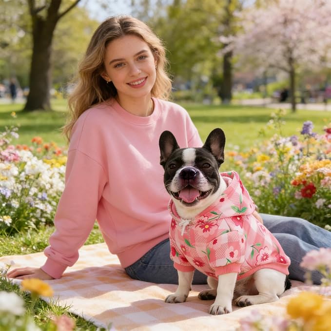KOOLTAIL Spring Dog Hoodie Pet Clothes Sweater with Hat and Pocket for Medium Large Size Dogs Outdoor Picnic Camping, Insect Protection Anti-Hair Loss, Soft Fleece Dog Hooded Sweatshirt, Pink Flower L