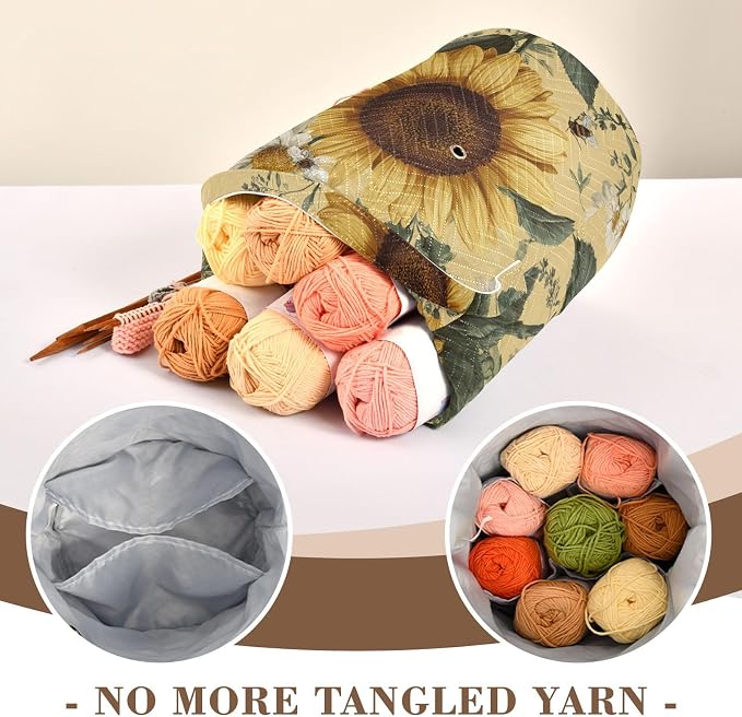 Tatenale Crochet Bag Yarn Bag Knitting Project Bag with Pockets and Handle Portable Yarn Storage Organizer Tangle Free 8.3x11 InchYellow Sunflowers and Daisies09