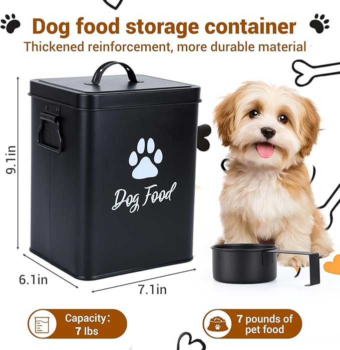 Dog Food Container 6.6lb, Cute Airtight Pet Treat Storage Containers with Metal Lid Scoop, Metal Storage Bin for Dog/Cat Durable Airtight Great Gift for Pet Owners-Black