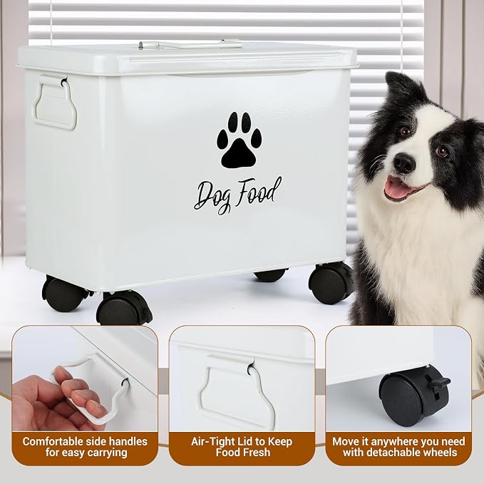 Dog Food Container 13lb, Cute Airtight Pet Food Storage Containers with Metal Lid Scoop, Black Metal Storage Bin for Dog/Cat with Wheels,Easy to Move White
