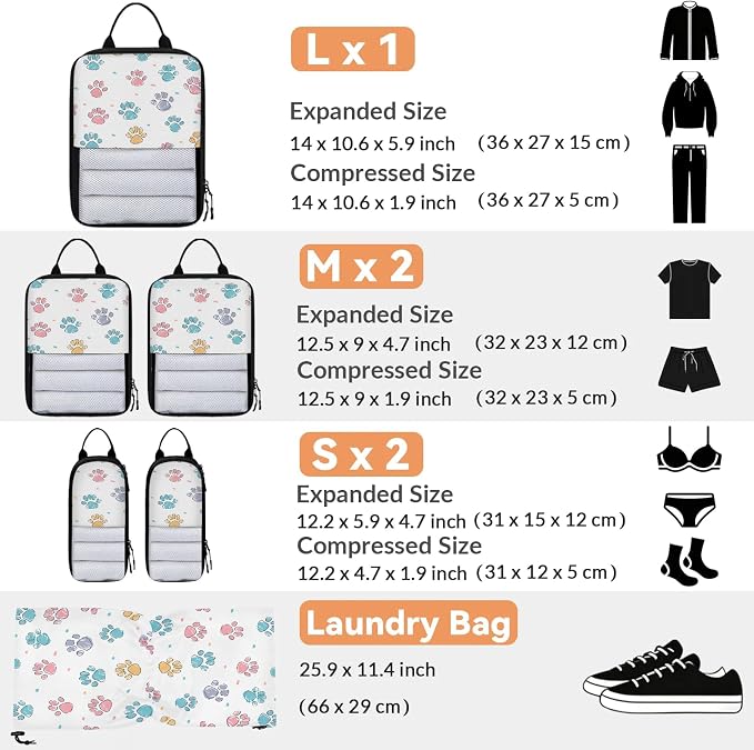 Paw Print Compression Packing Cubes Puppy Dog Paw 6 Set Travel Packing Cubes for Suitcases Lightweight Expandable Organizers