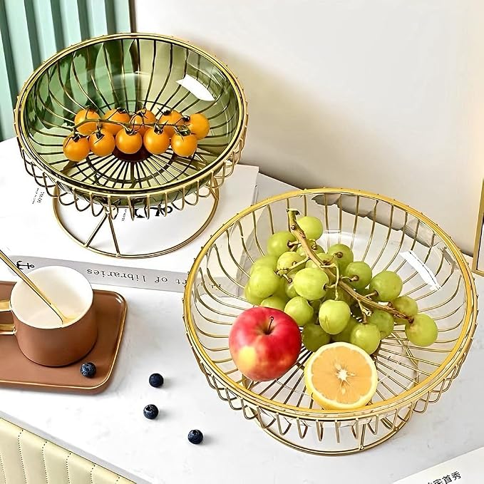 Transparent PET base fruit platter gold stand metal frame snack dessert tray plate, home creative modern living room fruit bowl stand (Transparent)