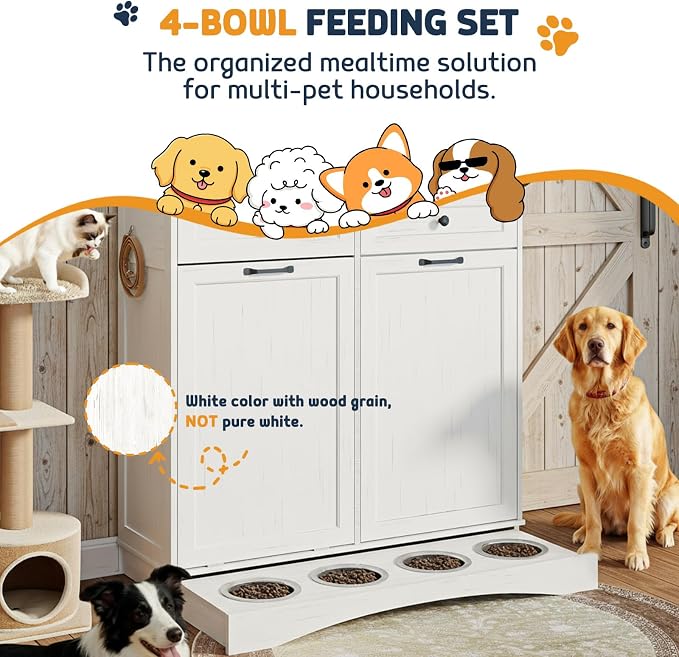 Double Tilt Out Trash Can Cabinet with Dog Bowl, 10 Gallons Dog Food Storage Cabinet, Hidden Trash Can Cabinet with Hideaway Drawer for Kitchen, Living Room (White Grain, Double Door)