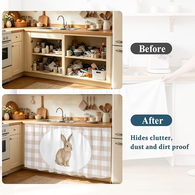 Rabbit Plaid Cabinet Curtains 28"x51" Sink Skirt for Bathroom Kitchen, Modern Farmhouse Checkered Rustic Animal Self Stick Adhesive Under Desk Covers Tall Laundry Cabinet Storage Organizer