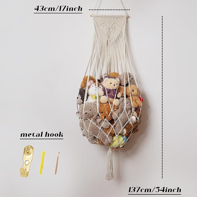 Amdermi Stuffed Animal Net or Hammock Wall Hanging Net Over Door Organizer for Stuffies Plush Toy Storage Boho Macrame Toy Display Nursery Bedroom Decor Stuffy Animal Toy Organizer (Cream)