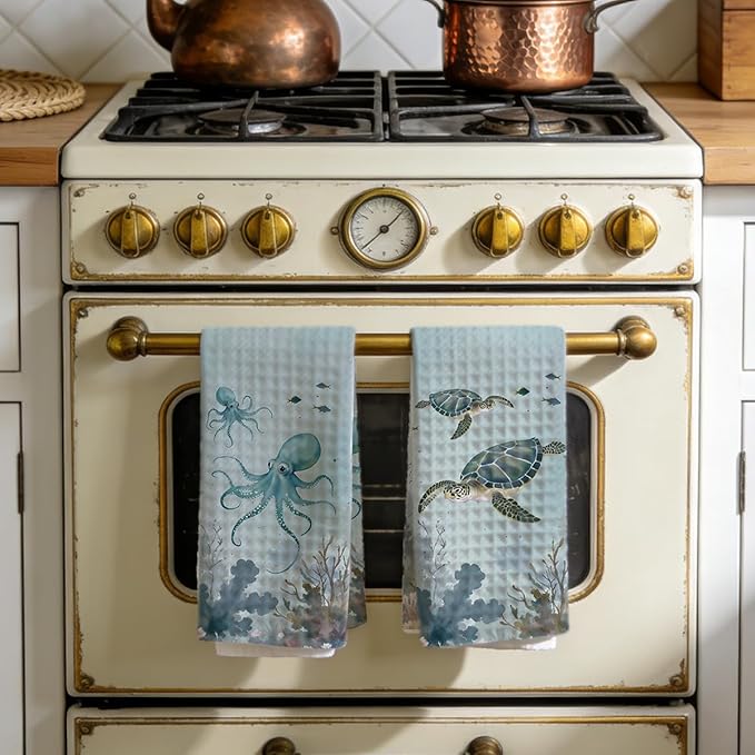 2PCS Vintage Octopus Sea Turtle Kitchen Towels 14x24 Inch, Absorbent Microfiber Decorative Dish Cloth Tea Towel, Ocean Theme Waffle Hand Towels for Kitchen Home Bathroom, Housewarming Gifts for Women