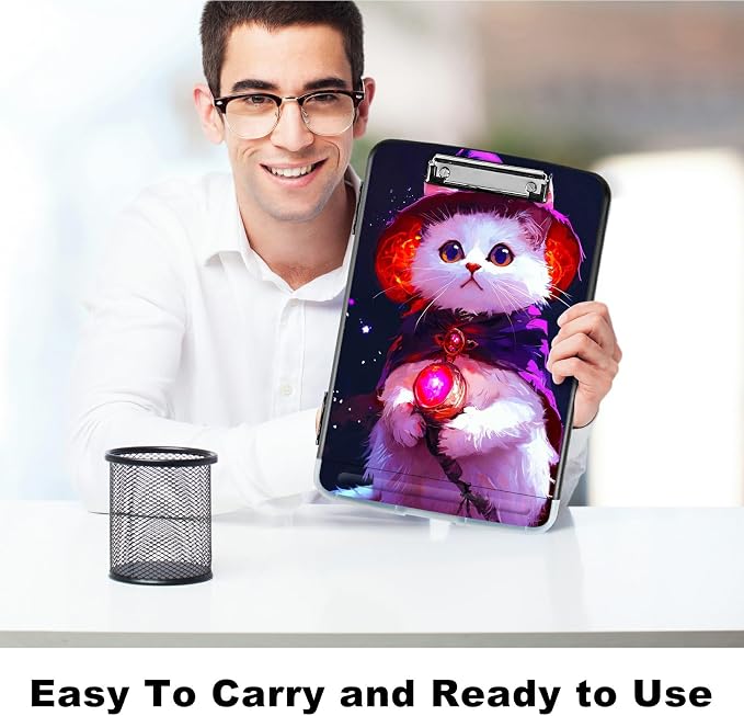 Purple White Cat A4 Clipboard with Storage Pen Holder, Clipboards Organizer Nursing Clipboard Foldable File Folder Plastic Clipboard Folio Clip Board for Office Students Classroom Doctor