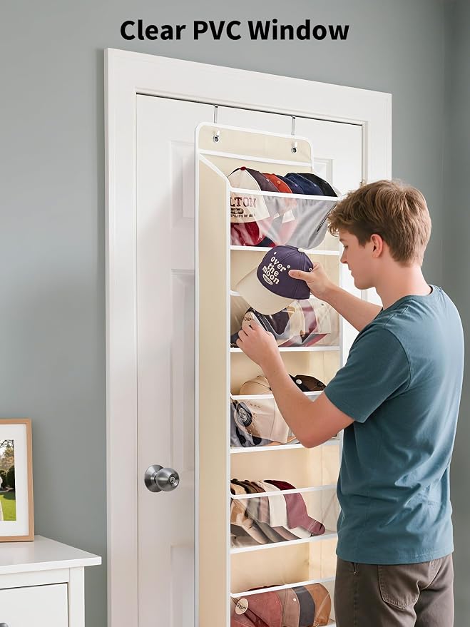 JARLINK Over The Door Toy Storage Organizer w/Clear Window, Beige | Anti-Tilt 44 lb Load Capacity, Baby Toy Storage Organizer for Stuffed Animals, Nursery, Kid Bedroom, Newborn Baby Essentials